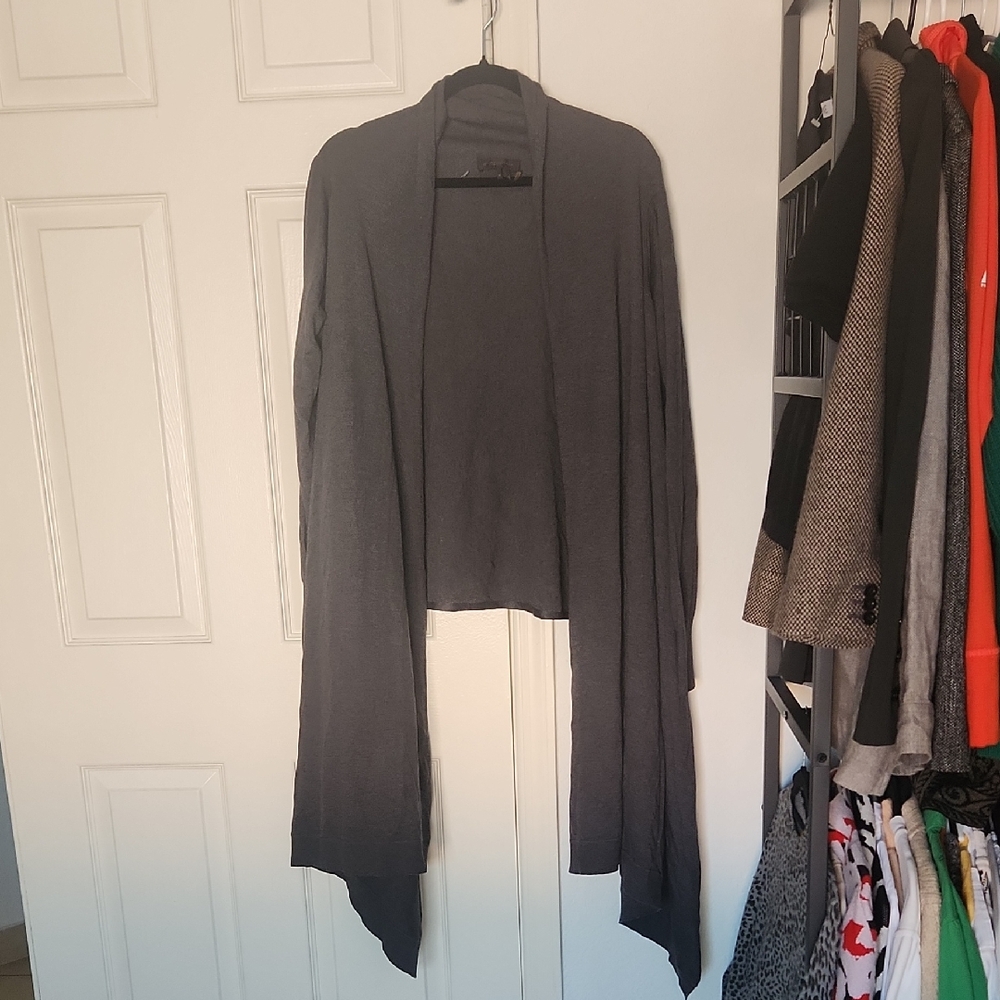 Donna Karan Cozy Gray Silk Blend Long Cardigan Front Tie Top Size M/L